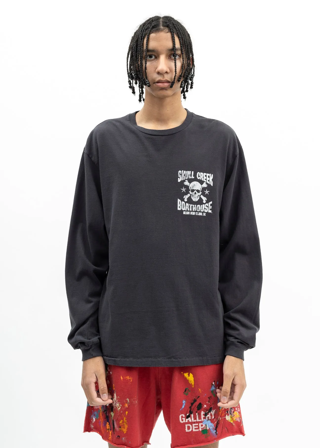 GALLERY DEPT. SKULL CREEK L/S TEE/BLK Glitter skull surf long sleeves, washed black S-XL, genuine development, correct version, garment dyed, washed and distressed, printing has a full sense of distress